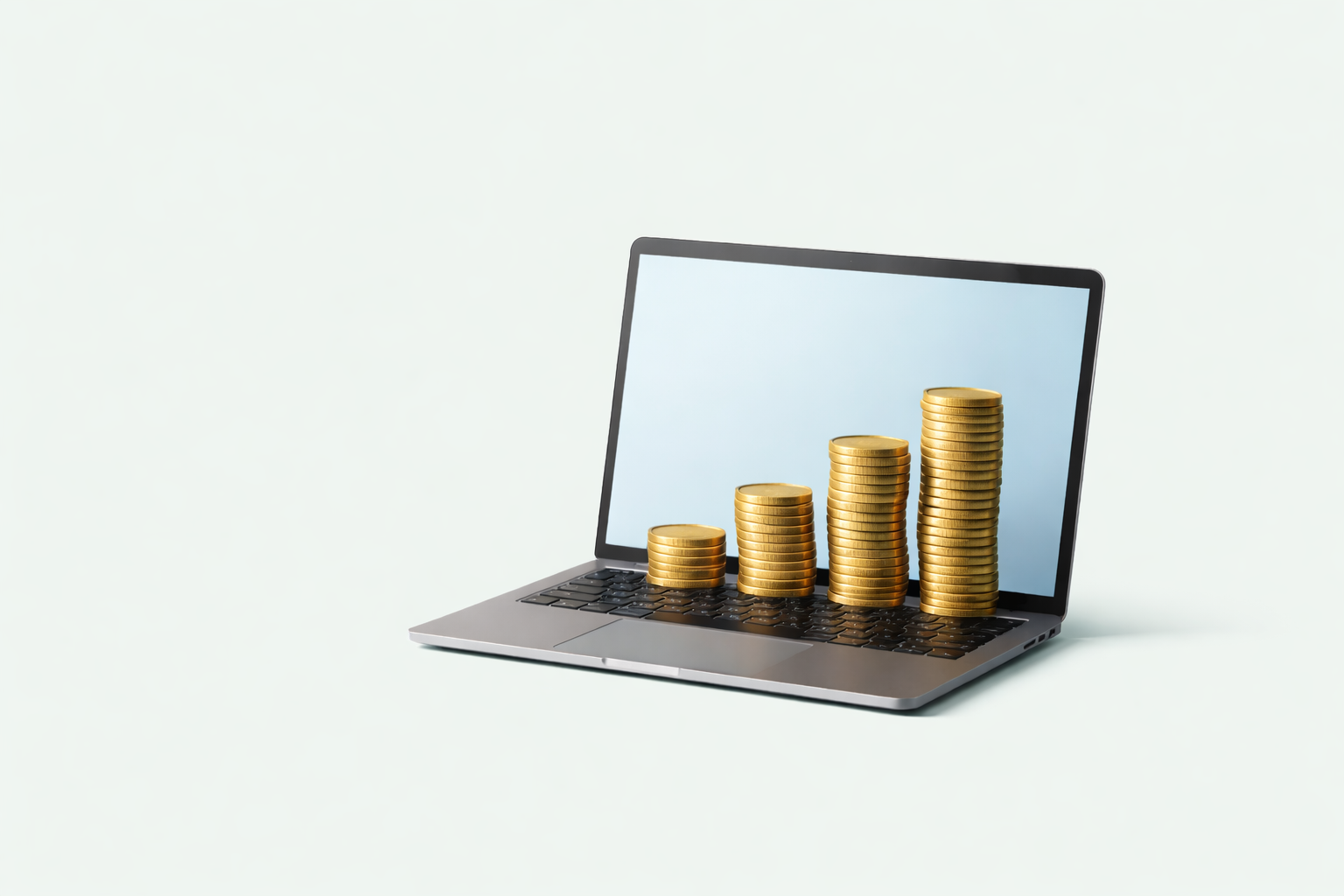 Laptop with stacked coins